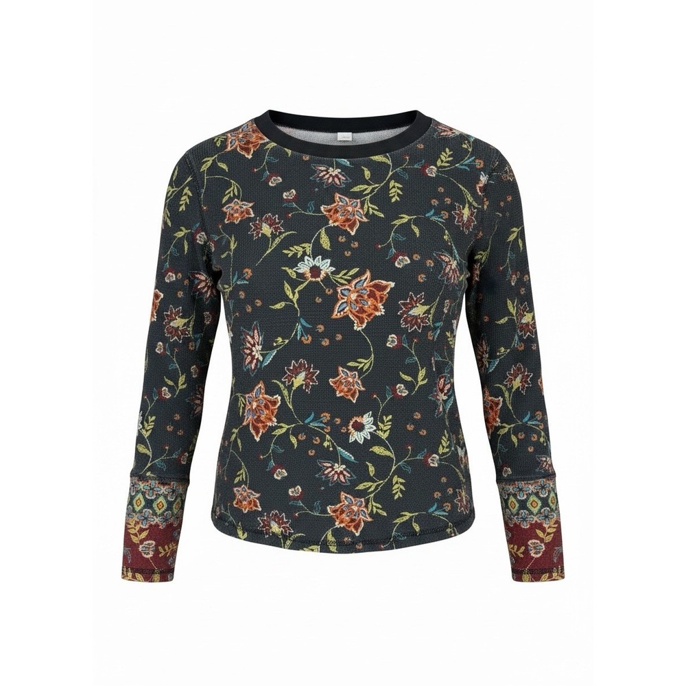 Sundance Tapestry Black Waffle Knit Tunic Top Velvet Cuff Button Detail Small